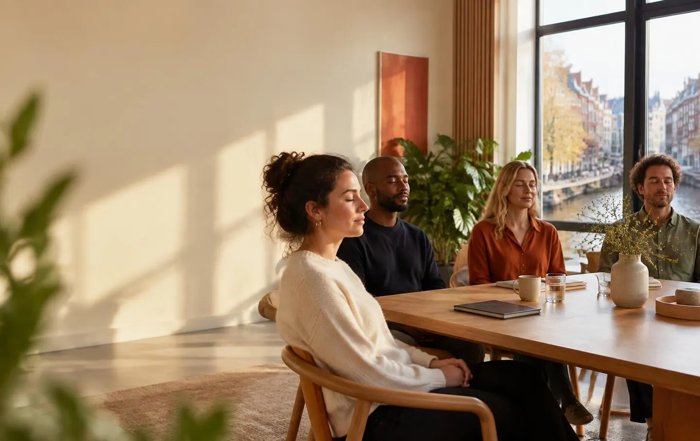 Een team neemt samen tijd voor ademhaling, rust en herstel tijdens een TUMI-sessie